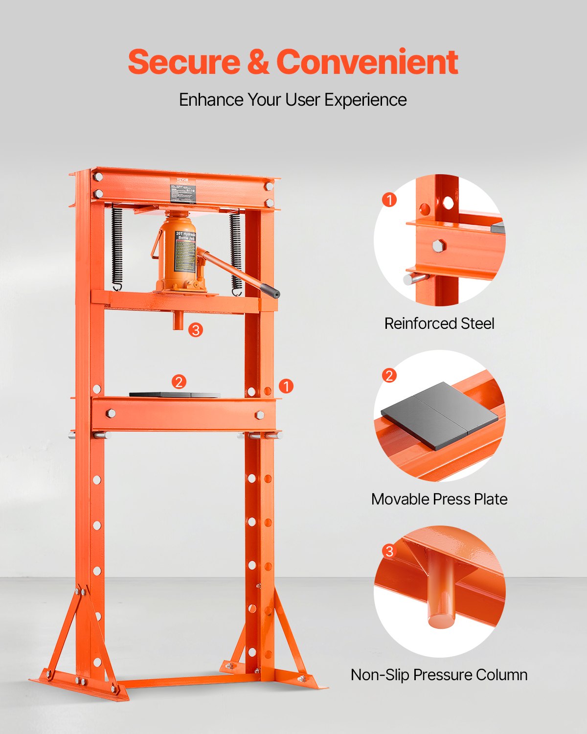 VEVOR hydraulic workshop press 20 t (H-frame) with press plate & triangular support, adjustable hydraulic press with pressure relief valve (max. cylinder stroke 145 mm), for bending, straightening & punching