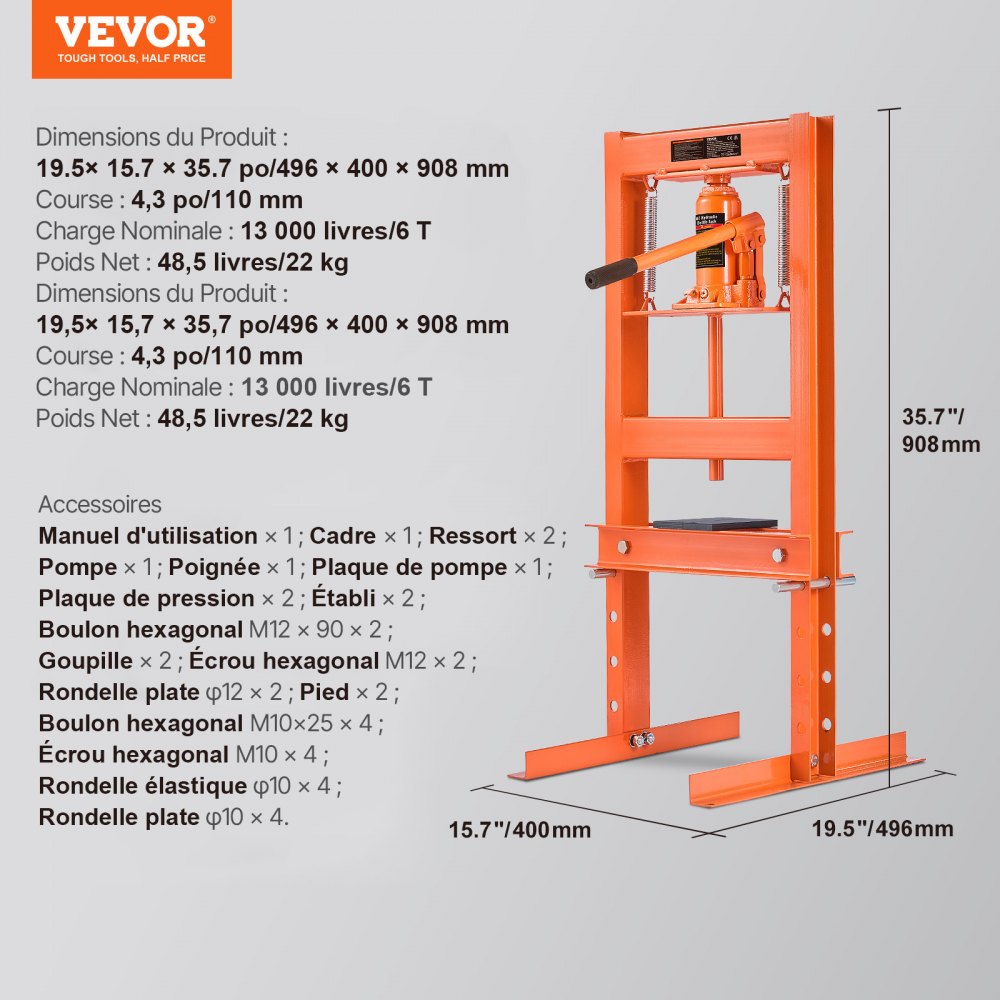 VEVOR Workshop Press Hydraulic Press 6 t, Car Frame Press Press 55-250 mm, 110 mm Stroke Height Manual Bearing Press Carbon Steel Workshop Press for Car Bushings, Ball Joints, U-Joints etc.