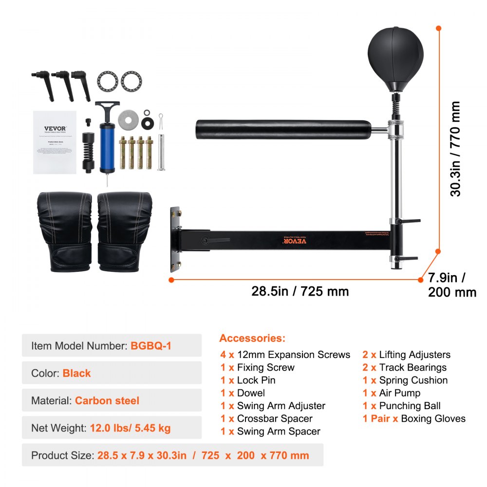 VEVOR Box-Spinning-Bar zur Wandmontage, Spinning-Bar mit Punchingball, Verstellbarer Box-Geschwindigkeitstrainer, Reflex-Boxstange mit Handschuhen, Box-Trainingsgerät für Kickboxen, MMA, Fitness