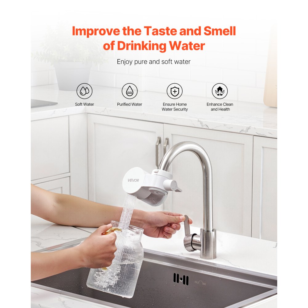 VEVOR Wasserfilter zur Wasserhahnmontage, horizontaler Wasserreiniger für Spülbecken, Kohlefaserfilter mit 1 Filter, entfernt Chlor & Blei, für die meisten Küchen- oder Badezimmerarmaturen, weiß