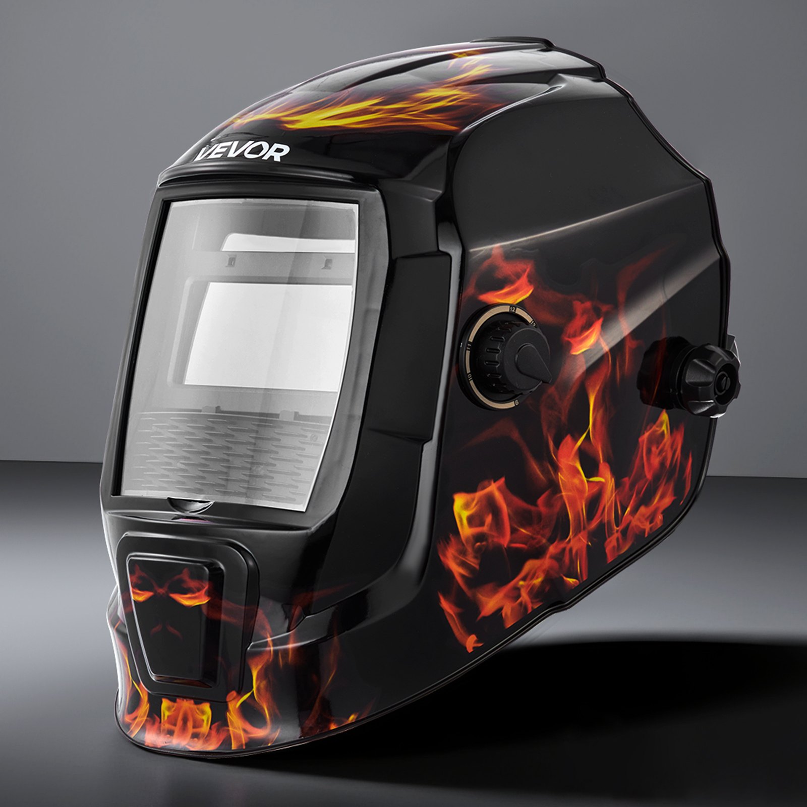 VEVOR Automatik Schweißhelm, 93 x 43 mm True Color, solarbetriebene Schweißermaske, 2 Lichtbogensensoren, DIN 4/9-13 für WIG-, MIG- & ARC-Schweißschleifen – CRIUS-Serie (Flammenmuster)