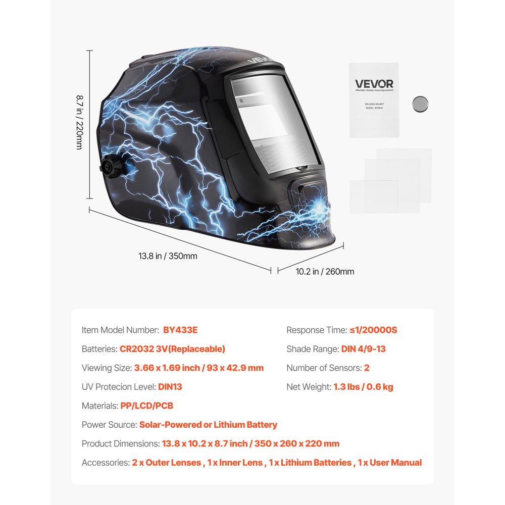 VEVOR Automatik Schweißhelm, 93x43 mm True Color, Solar Schweißermaske, 2 Lichtbogensensoren, DIN 4/9-13 für WIG-, MIG- & ARC-Schweißschleifen – CRIUS-Serie (blaues Blitzmuster)