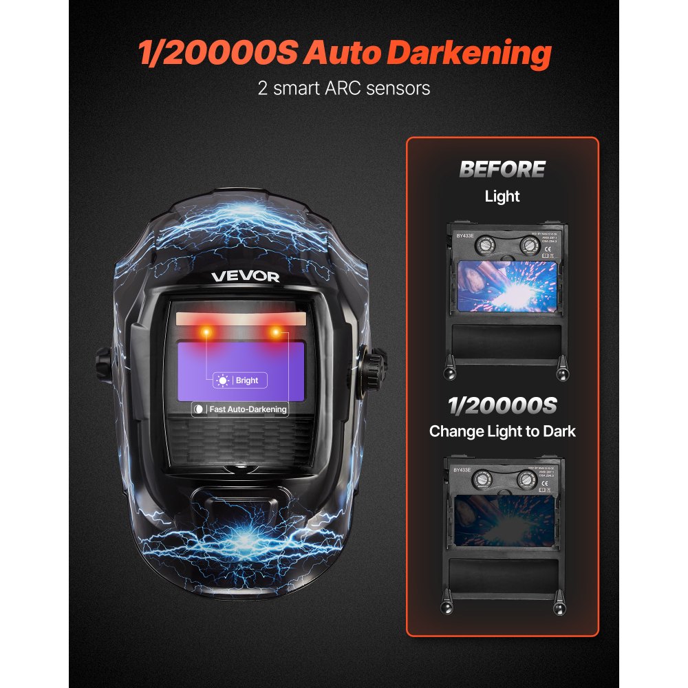 VEVOR Welding Helmet Auto Darkening, 93 x 43 mm True Color Welding Hood, Solar Powered Welder Mask 2 Arc Sensors, Shade 4/9-13 for TIG MIG ARC Weld Grinding - CRIUS Series (Blue Lightning Pattern)
