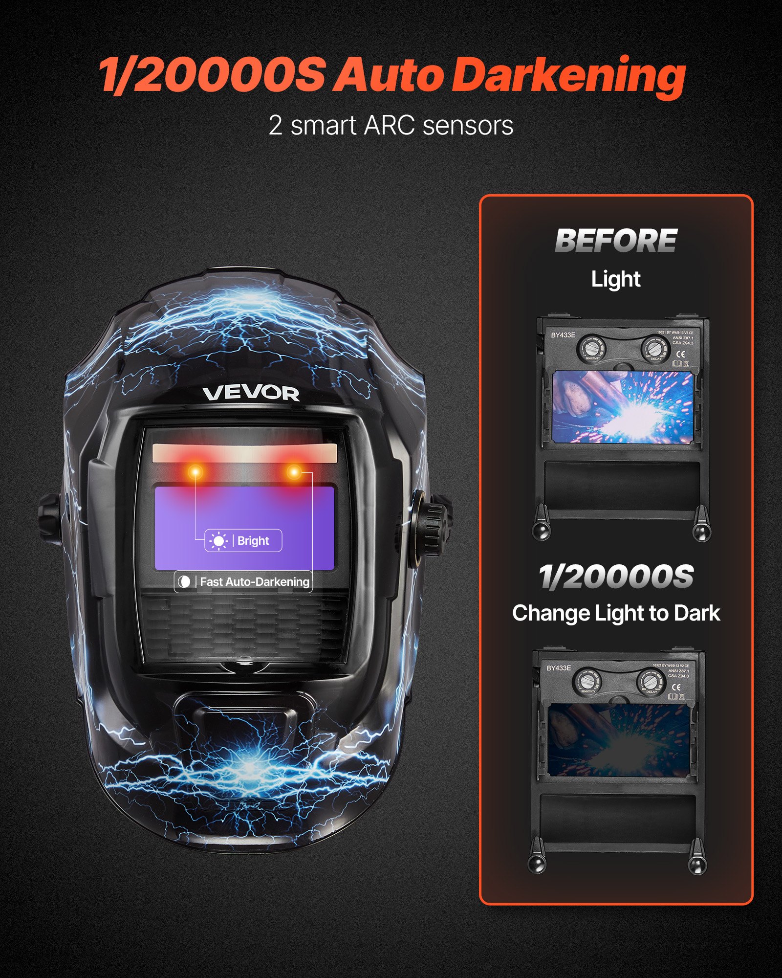 VEVOR Welding Helmet Auto Darkening, 93 x 43 mm True Color Welding Hood, Solar Powered Welder Mask 2 Arc Sensors, Shade 4/9-13 for TIG MIG ARC Weld Grinding - CRIUS Series (Blue Lightning Pattern)