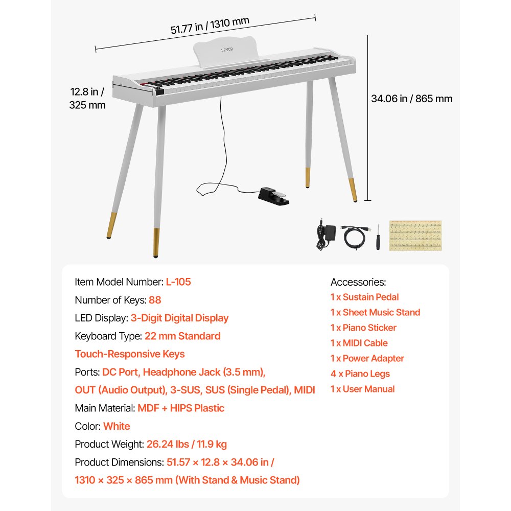 VEVOR Digitalpiano 88 Halbgewichtete Tasten in Standardgröße E-Piano Weiß für Anfänger, 600 Klangfarben, 600 Rhythmen, USB, MIDI, Audioausgang, Kopfhörerbuchse, Sustain-Pedal und HiFi-Lautsprechern