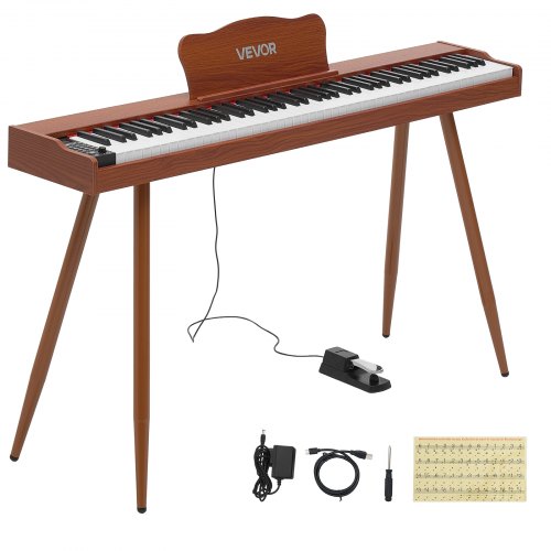 VEVOR Digitalpiano 88 Halbgewichtete Tasten in Standardgröße E-Piano Braun für Anfänger, 600 Klangfarben, 600 Rhythmen, USB, MIDI, Audioausgang, Kopfhörerbuchse, Sustain-Pedal und HiFi-Lautsprechern