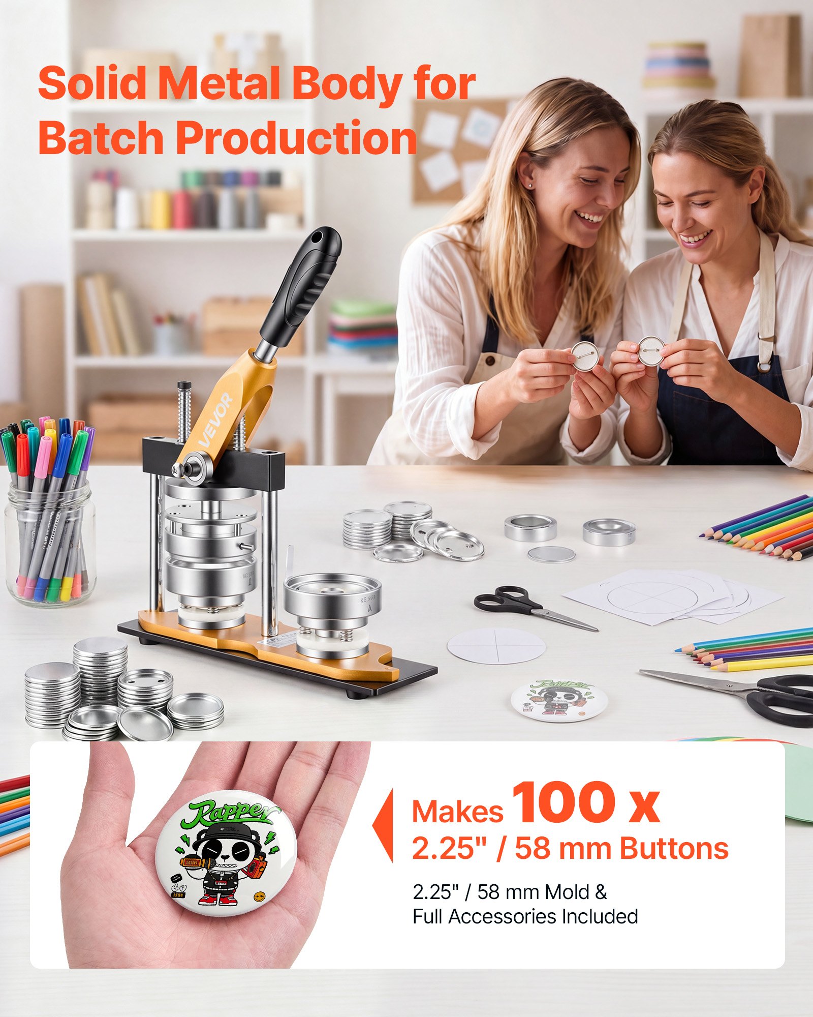 VEVOR Buttonmaschine 58 mm Knopfmachermaschine Badgemaker Buttonpresse, mit 100 Buttonrohlingen Kreisschneider & Zauberbuch Ergonomischem Griff für DIY-Anstecker Pins & Schlüsselanhänger