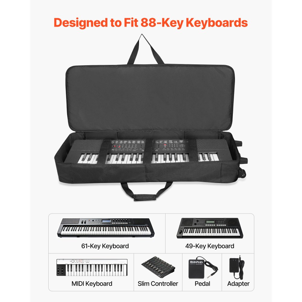 VEVOR Keyboardtasche, Keyboard Tasche für 88 Tasten, 1100 x 440 x 180 mm E-Klaviere Gigbag mit verstellbaren Schulterriemen, Tragegriffen & Rollen, 1680D, wasserabweisend & gepolstert für Keyboard