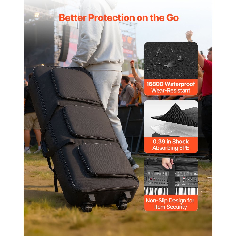 VEVOR Keyboardtasche, Keyboard Tasche für 88 Tasten, 1100 x 440 x 180 mm E-Klaviere Gigbag mit verstellbaren Schulterriemen, Tragegriffen & Rollen, 1680D, wasserabweisend & gepolstert für Keyboard