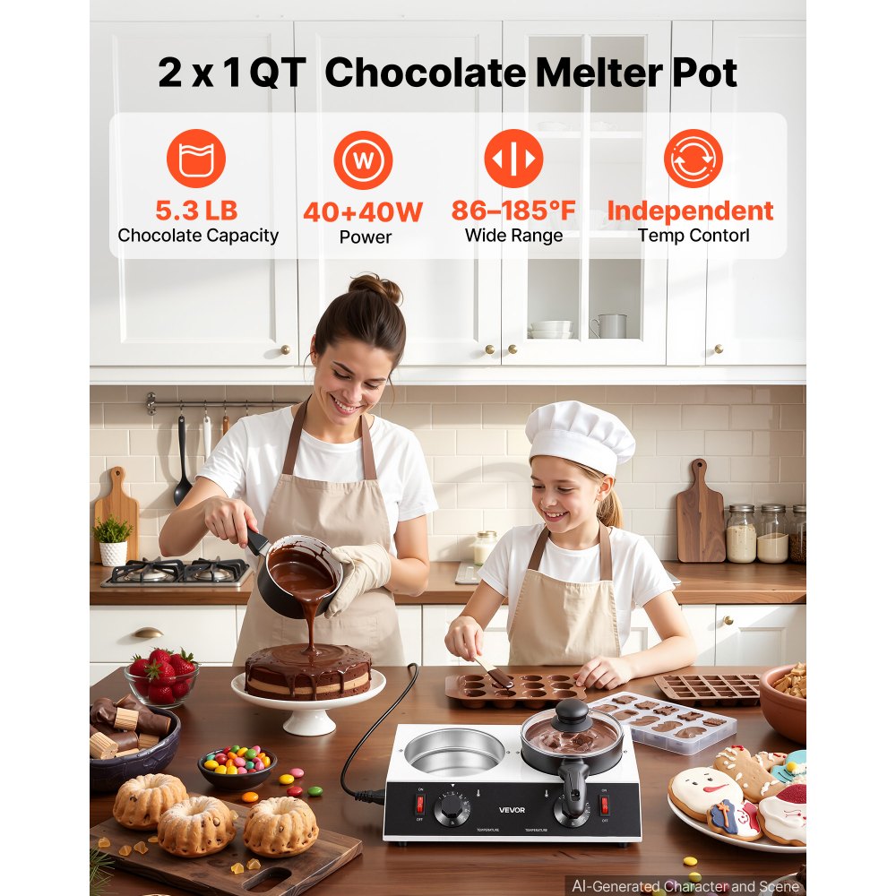 VEVOR Schokoladenschmelzmaschine 2 x 1-Liter-Töpfe Schokoladenschmelztopf für Familienfeiern Feste und Hausgemachte Desserts, mit Separater Temperaturregelung, PTC-Heizung und Antihaftbeschichtung