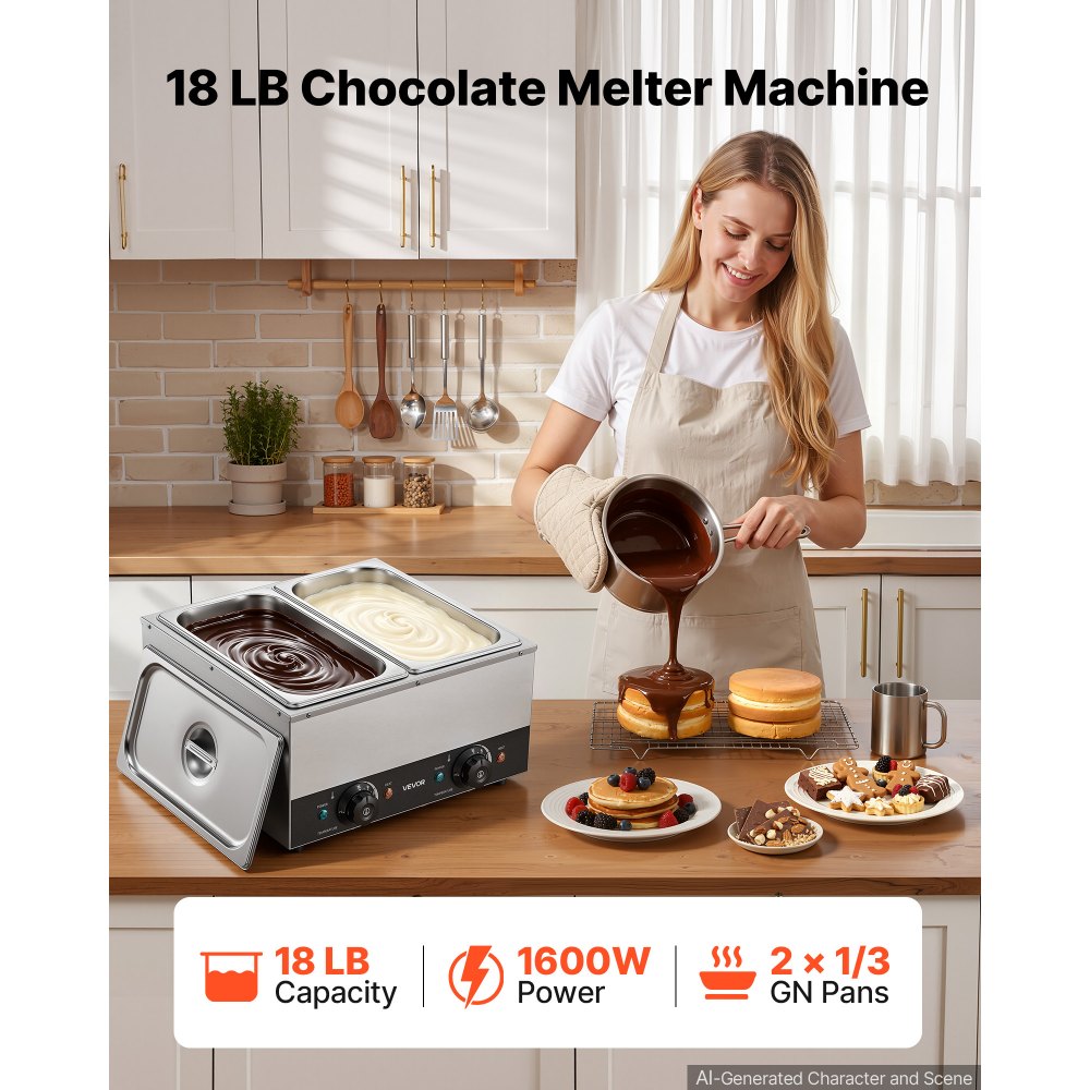 VEVOR Schokoladenschmelzmaschine 2 Abnehmbare Behälter Edelstahl 800+800 W, für Bäckereien, Restaurants, Separate Temperaturregelung je Behälter, 30–85 °C Trockenlaufschutz, Schokoladentempiermaschine