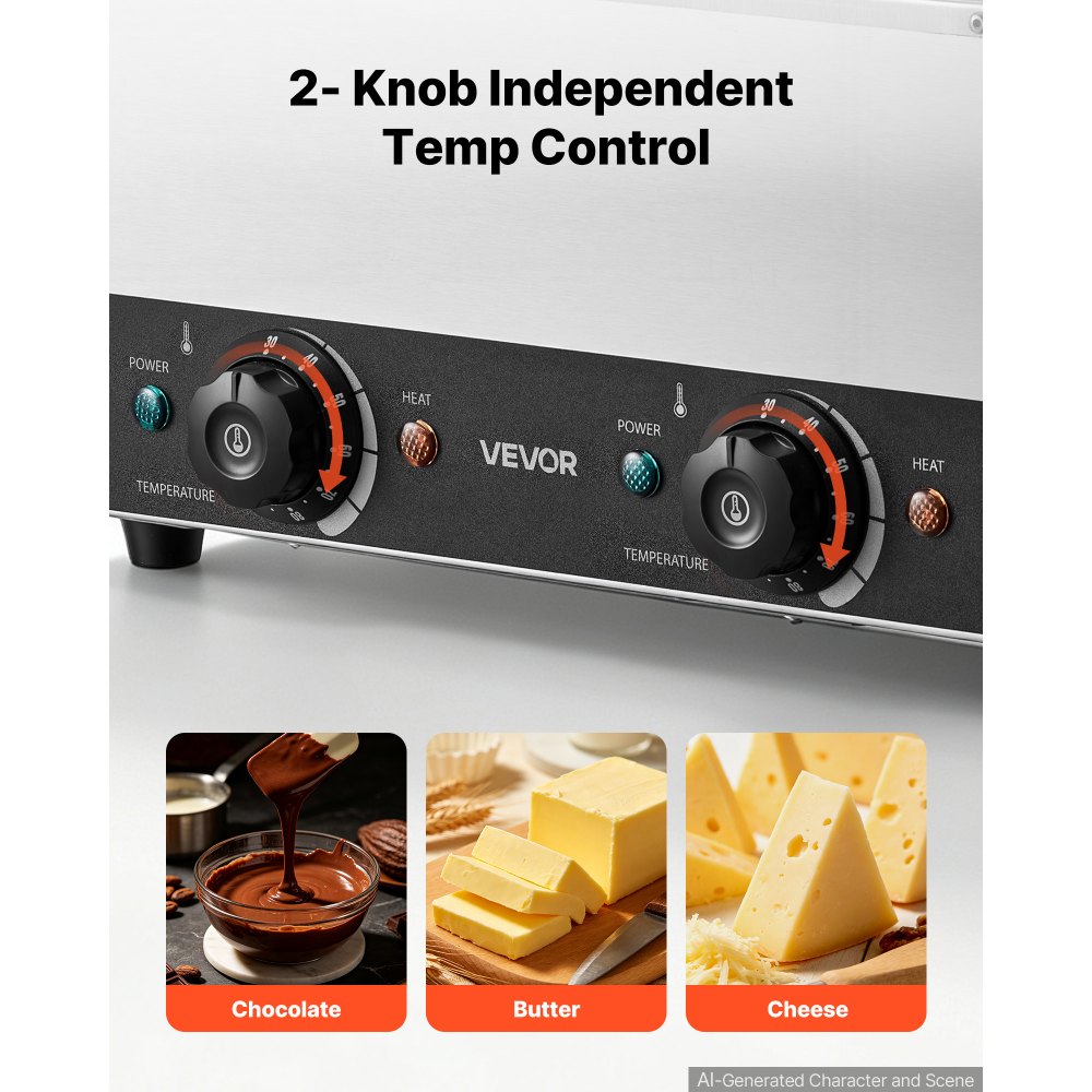 VEVOR Schokoladenschmelzmaschine 2 Abnehmbare Behälter Edelstahl 800+800 W, für Bäckereien, Restaurants, Separate Temperaturregelung je Behälter, 30–85 °C Trockenlaufschutz, Schokoladentempiermaschine