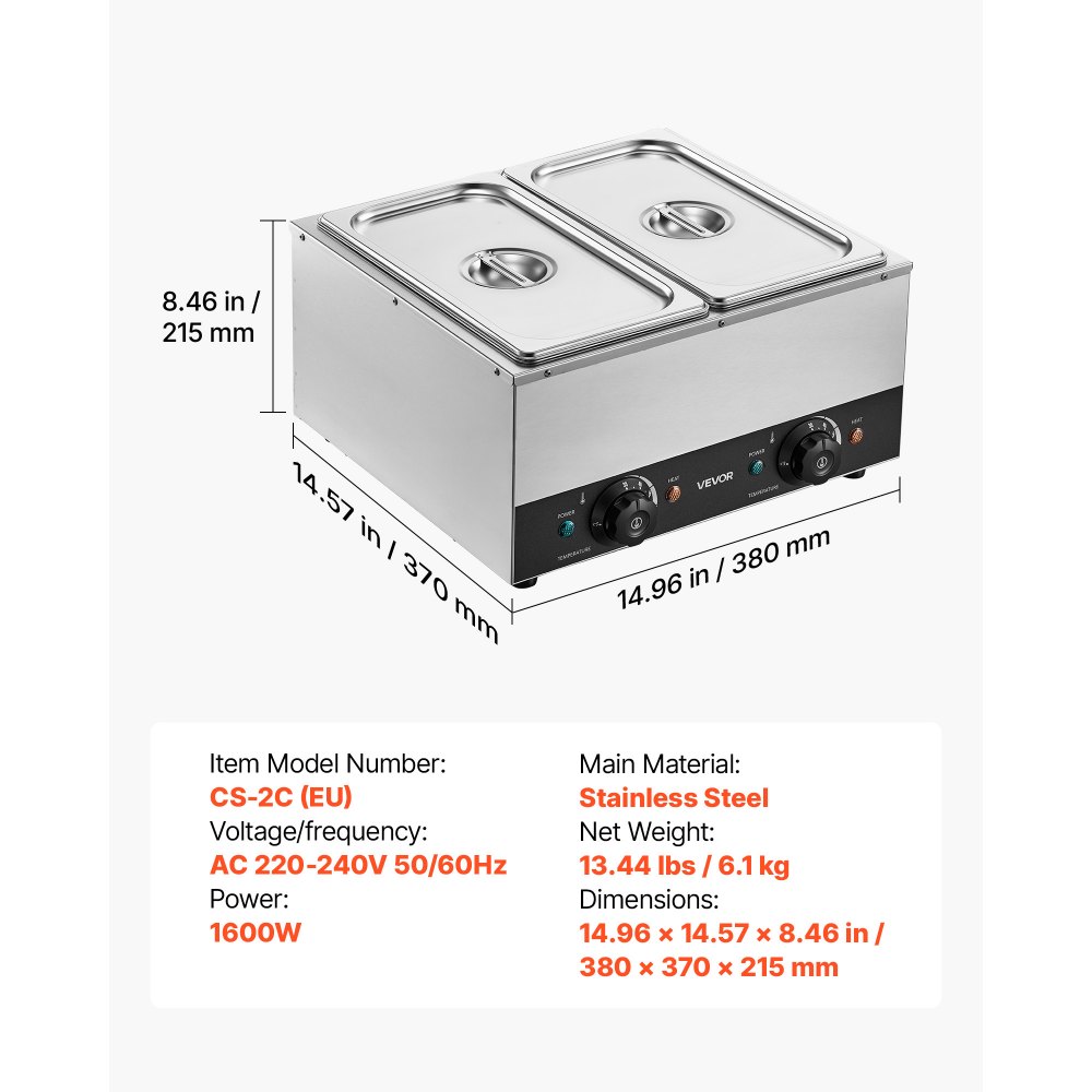VEVOR Schokoladenschmelzmaschine 2 Abnehmbare Behälter Edelstahl 800+800 W, für Bäckereien, Restaurants, Separate Temperaturregelung je Behälter, 30–85 °C Trockenlaufschutz, Schokoladentempiermaschine