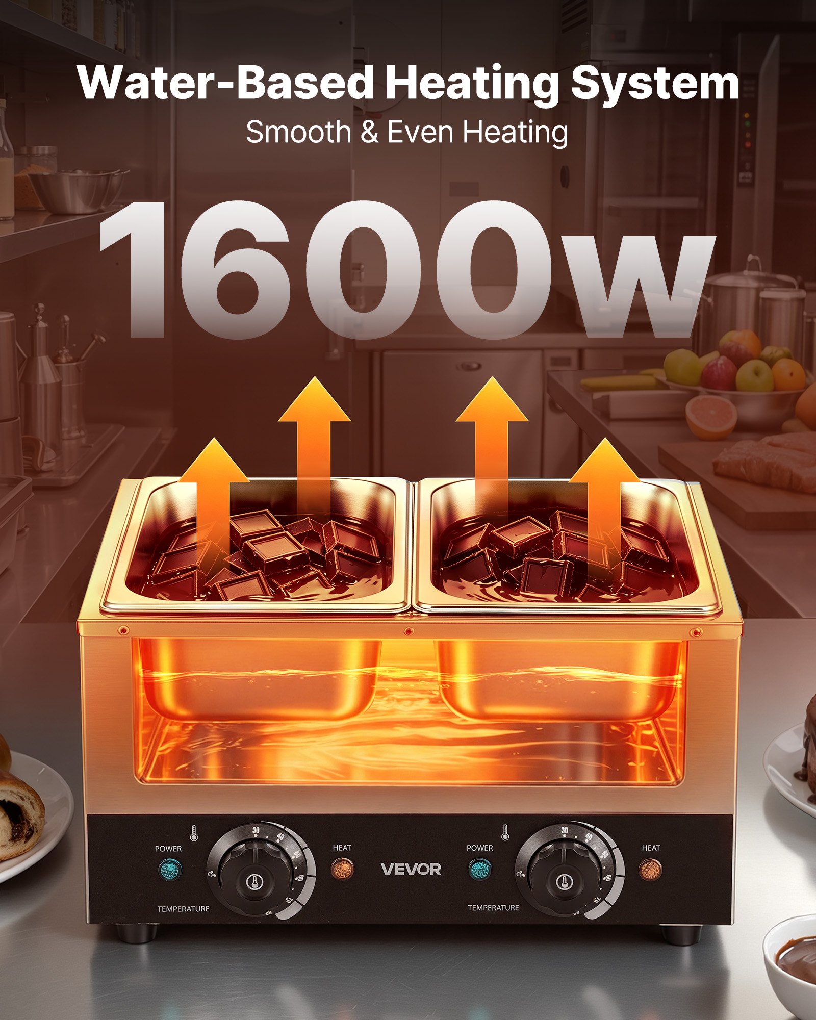 VEVOR Schokoladenschmelzmaschine 2 Abnehmbare Behälter Edelstahl 800+800 W, für Bäckereien, Restaurants, Separate Temperaturregelung je Behälter, 30–85 °C Trockenlaufschutz, Schokoladentempiermaschine