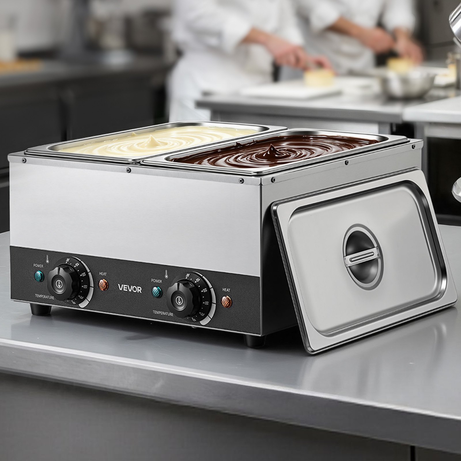 VEVOR Schokoladenschmelzmaschine 2 Abnehmbare Behälter Edelstahl 800+800 W, für Bäckereien, Restaurants, Separate Temperaturregelung je Behälter, 30–85 °C Trockenlaufschutz, Schokoladentempiermaschine