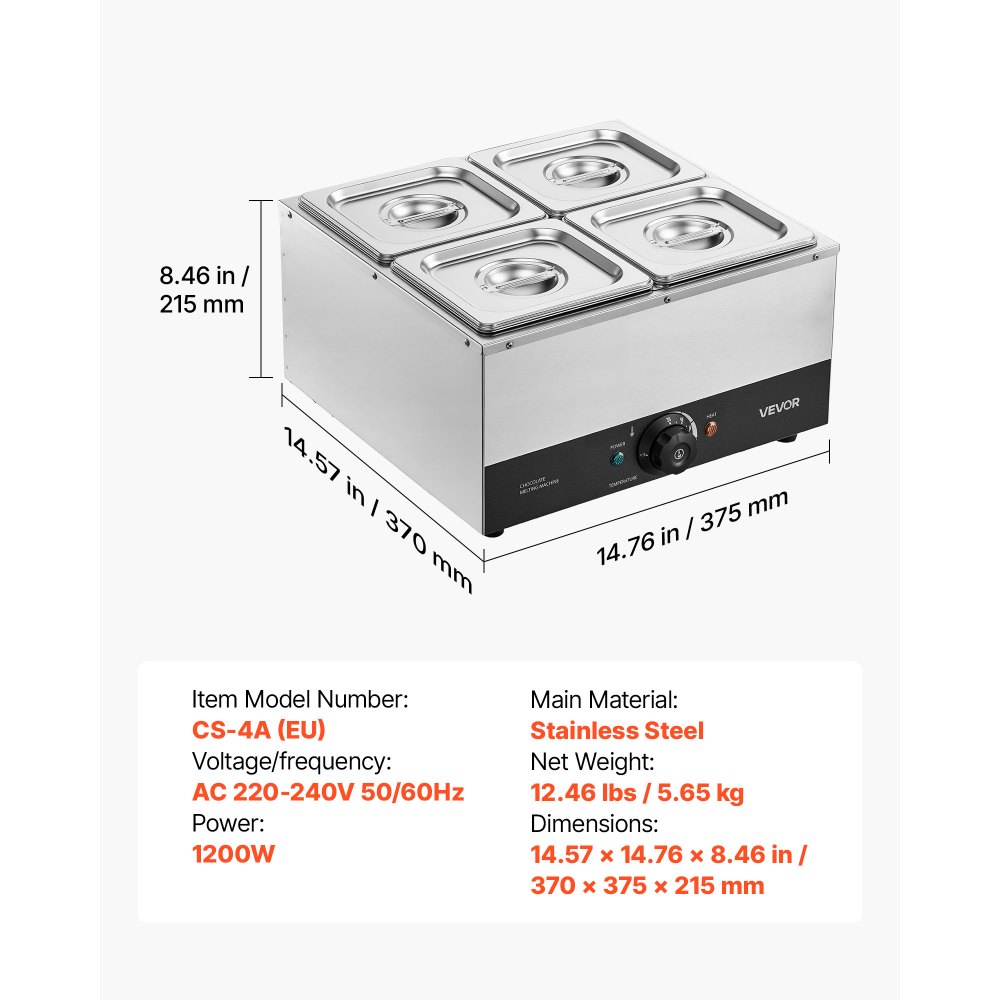 VEVOR Chocolate Melting Machine, 4 Tanks 8.2 kg Choc Commercial Melter, 1200W High Power, Water Bath Heating System, Stainless Steel Body, 30℃ to 85℃ Temp Range, Chocolate Warmer for Cheese Milk