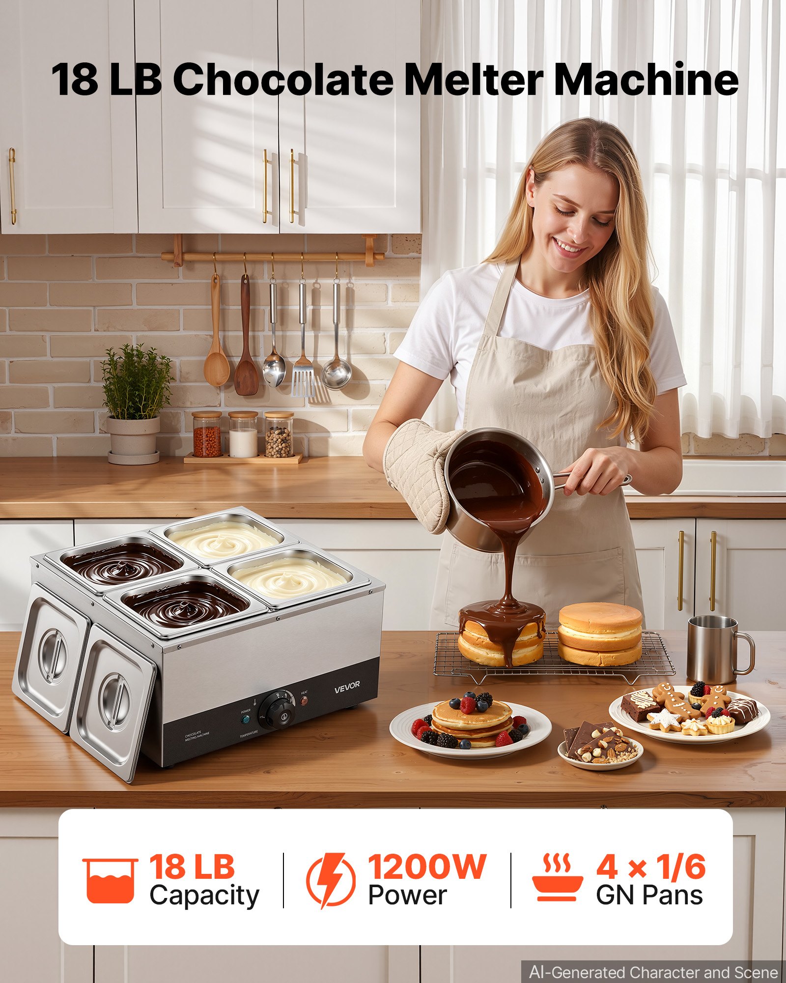 VEVOR Chocolate Melting Machine, 4 Tanks 8.2 kg Choc Commercial Melter, 1200W High Power, Water Bath Heating System, Stainless Steel Body, 30℃ to 85℃ Temp Range, Chocolate Warmer for Cheese Milk
