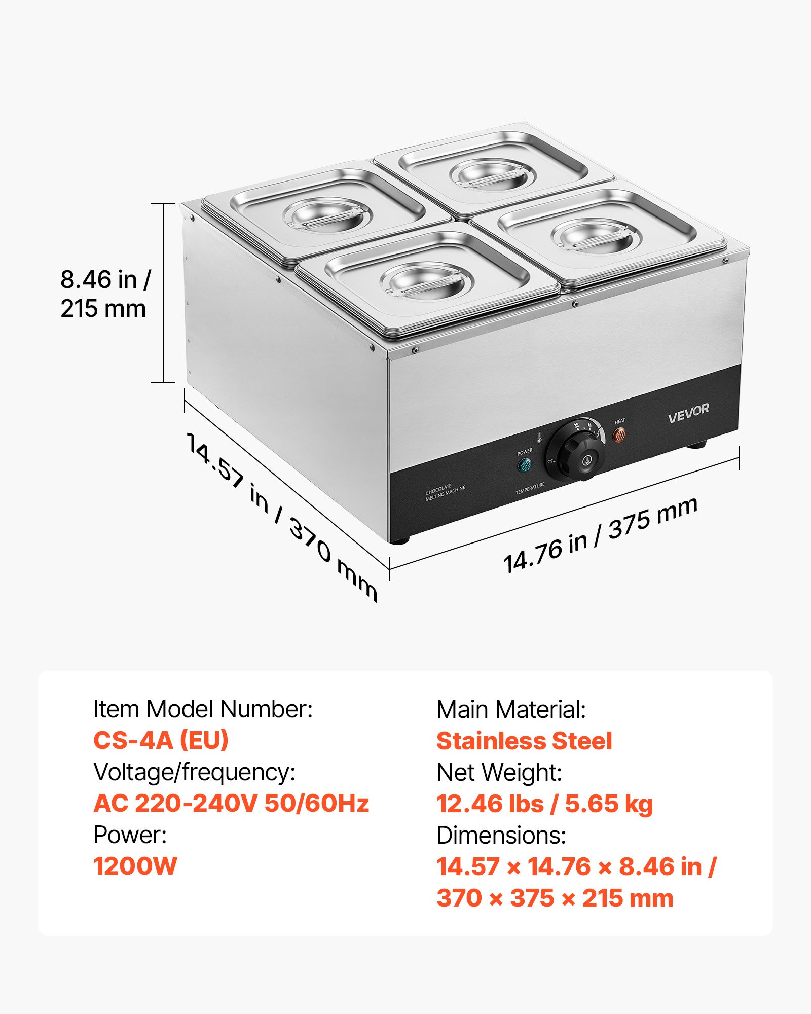 VEVOR Chocolate Melting Machine, 4 Tanks 8.2 kg Choc Commercial Melter, 1200W High Power, Water Bath Heating System, Stainless Steel Body, 30℃ to 85℃ Temp Range, Chocolate Warmer for Cheese Milk
