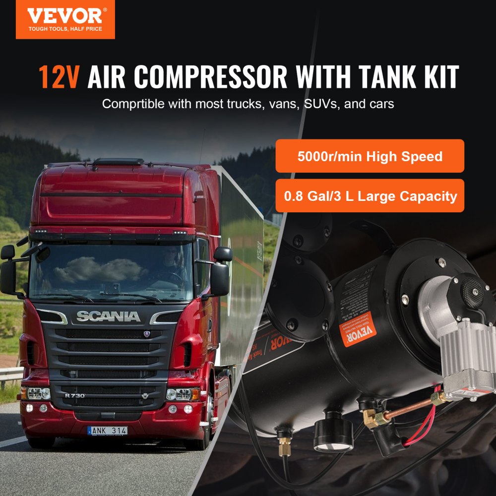 VEVOR 12-V-Luftkompressor-Set mit Tank 3 L, Zughorn-Luftkompressor-Satz, 90-120 psi Arbeitsdruck, Integriertes Luftkompressorsystem für Zug-Lufthupen, Aufpumpen von Reifen, LKWs, SUVs usw. Schwarz