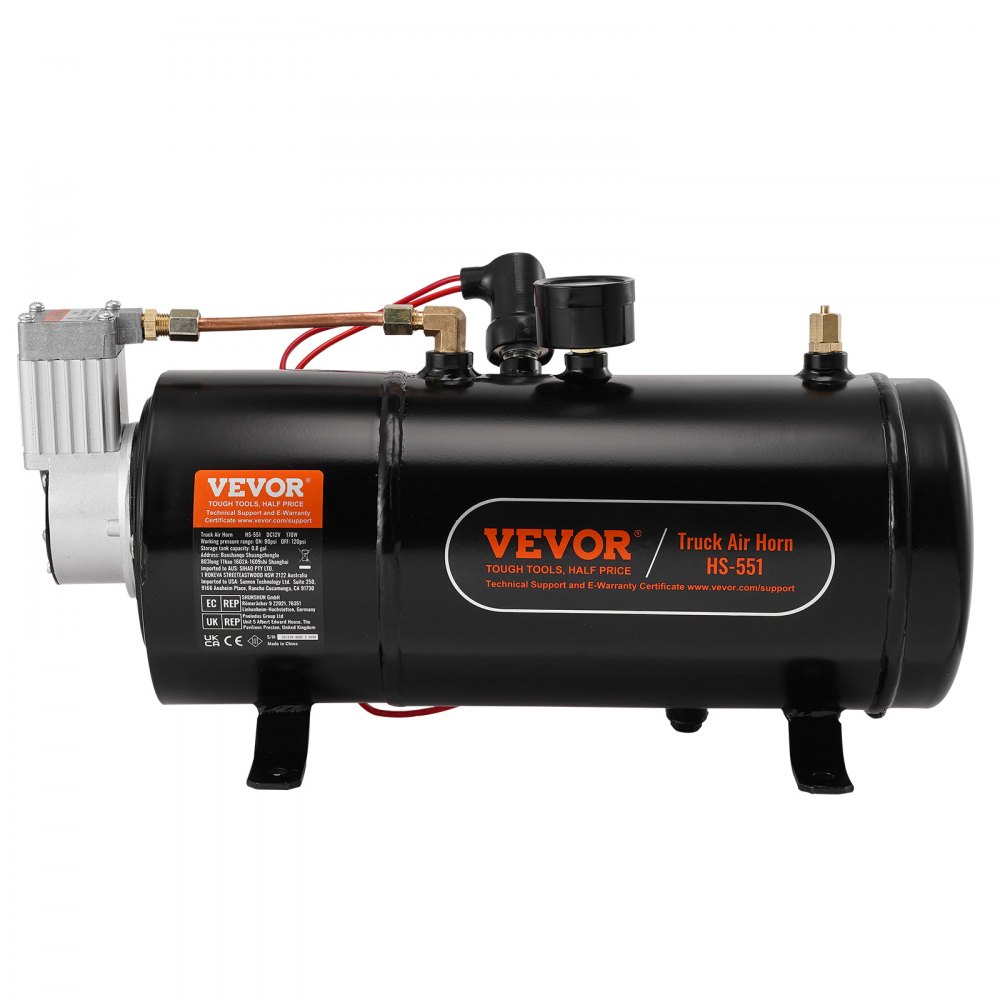VEVOR 12-V-Luftkompressor-Set mit Tank 3 L, Zughorn-Luftkompressor-Satz, 90-120 psi Arbeitsdruck, Integriertes Luftkompressorsystem für Zug-Lufthupen, Aufpumpen von Reifen, LKWs, SUVs usw. Schwarz
