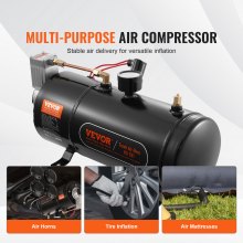 VEVOR 12-V-Luftkompressor-Set mit Tank 3 L, Zughorn-Luftkompressor-Satz, 90-120 psi Arbeitsdruck, Integriertes Luftkompressorsystem für Zug-Lufthupen, Aufpumpen von Reifen, LKWs, SUVs usw. Schwarz