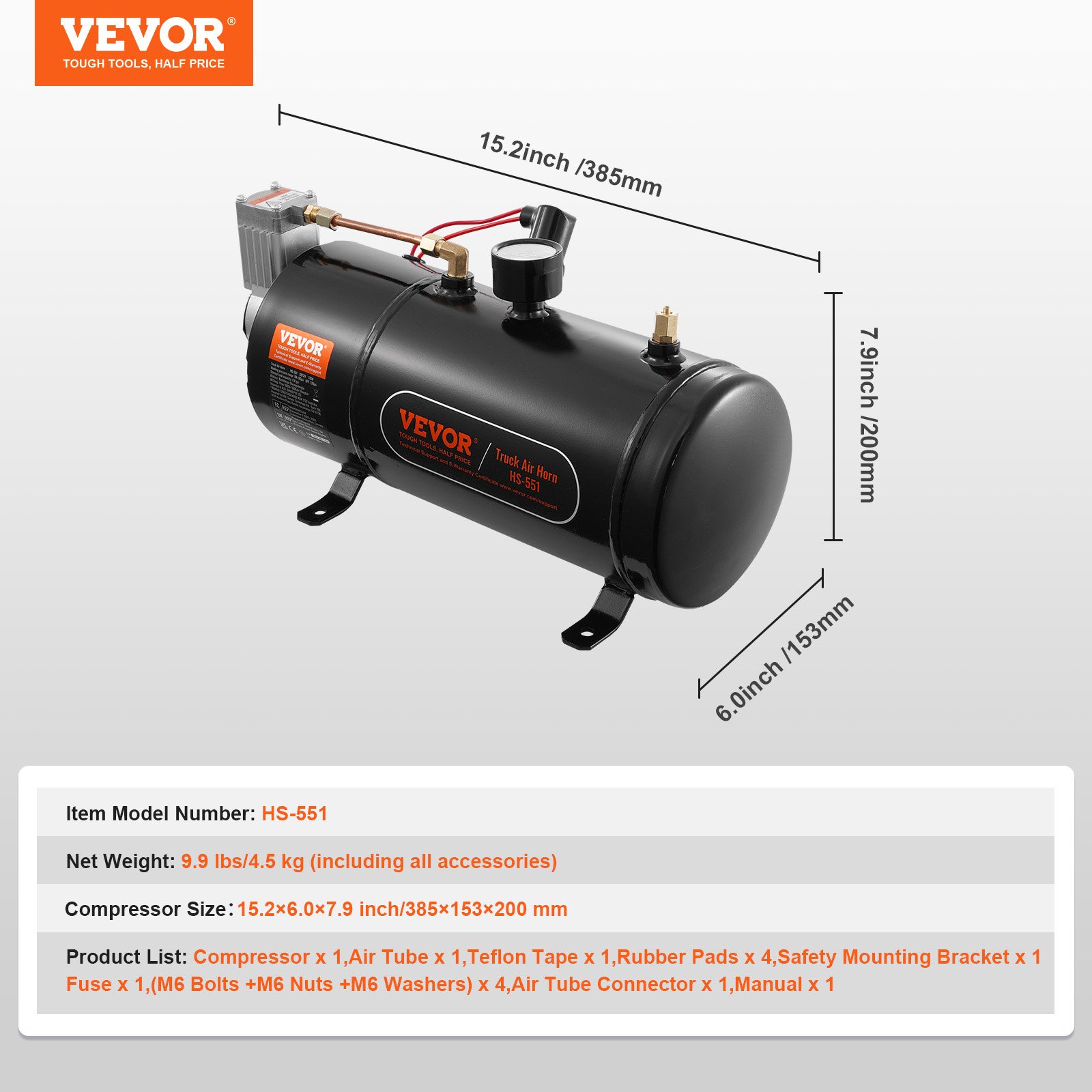 VEVOR 12-V-Luftkompressor-Set mit Tank 3 L, Zughorn-Luftkompressor-Satz, 90-120 psi Arbeitsdruck, Integriertes Luftkompressorsystem für Zug-Lufthupen, Aufpumpen von Reifen, LKWs, SUVs usw. Schwarz