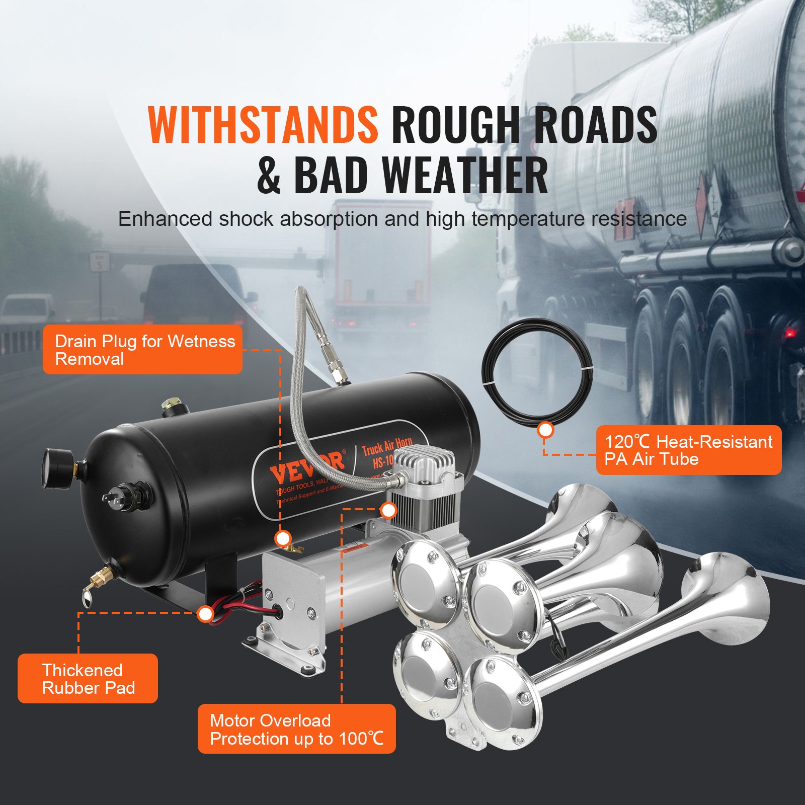 VEVOR Zughupen-Set, 4 Trompeten-Lufthupen-Set, 150 dB Zughupen für Pickup-Trucks, 12 V 160 psi Luftkompressor, 10 L Tank mit Manometer für jedes 12 V Fahrzeug, Auto, LKW, Zug, Van, Boot usw.