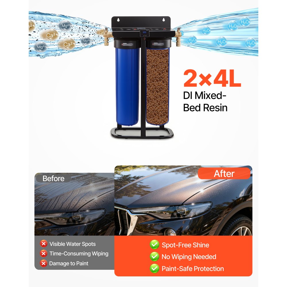 VEVOR Deionisiertes Wassersystem für Autowäsche 1250 L, Wasserdeionisierer für Autowäsche mit Dualen 4L Gemischten DI-Harz-Filterkartuschen, Deionized Autowaschanlage mit Standfuß & Bypass-Ventil