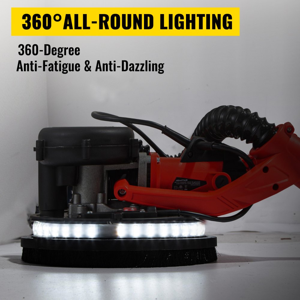 VEVOR Rotationswandschleifgerät 750W, klappbarer Gipskartonschleifer mit Teleskopgriff, variable Drehzahl 800–1750 U/min, Wandschleifer mit LED-Streifenleuchte und Staubbeutel