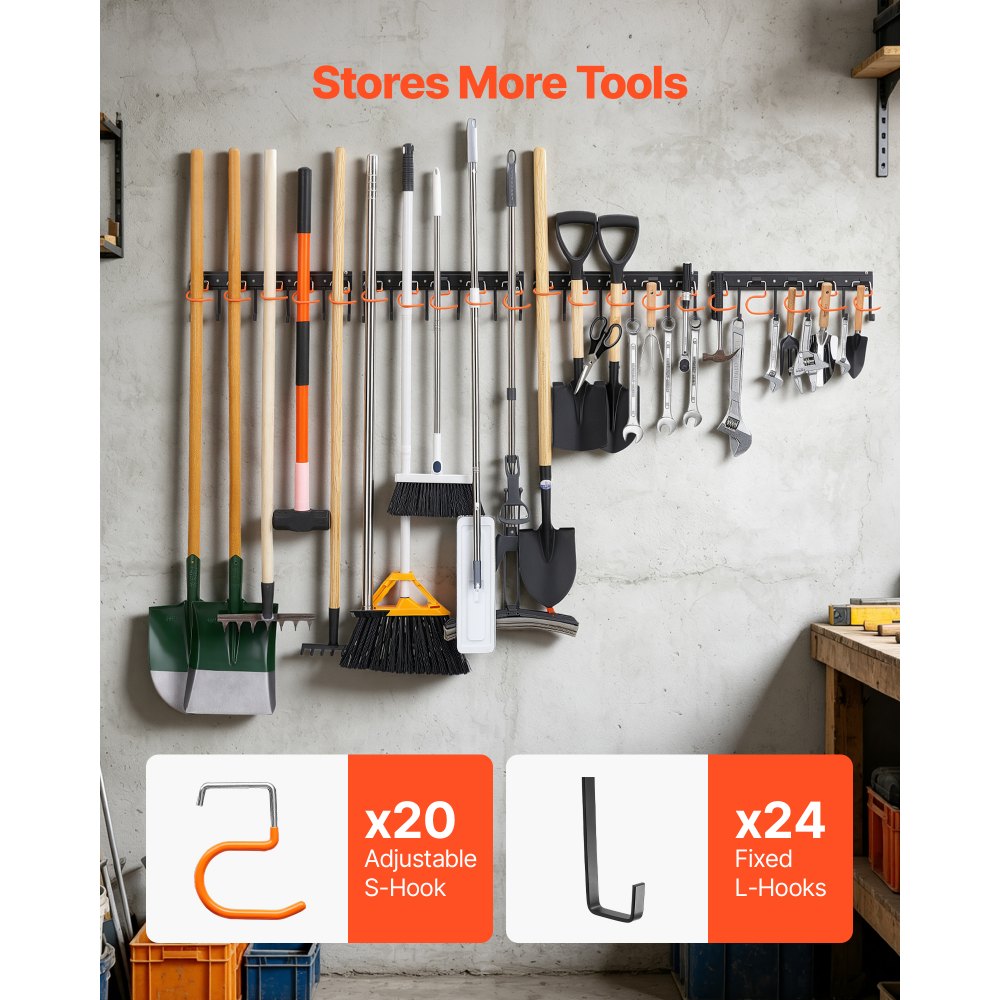 VEVOR Gerätehalter Wandhalterung Werkzeughalter 1727,2mm 204kg Tragkraft, Zur Wandmontage, Kohlenstoffstahl, 4 Schienen & 44 Haken, Mit Schrauben & Dübeln, Werkzeugorganizer für Garage Keller Garten