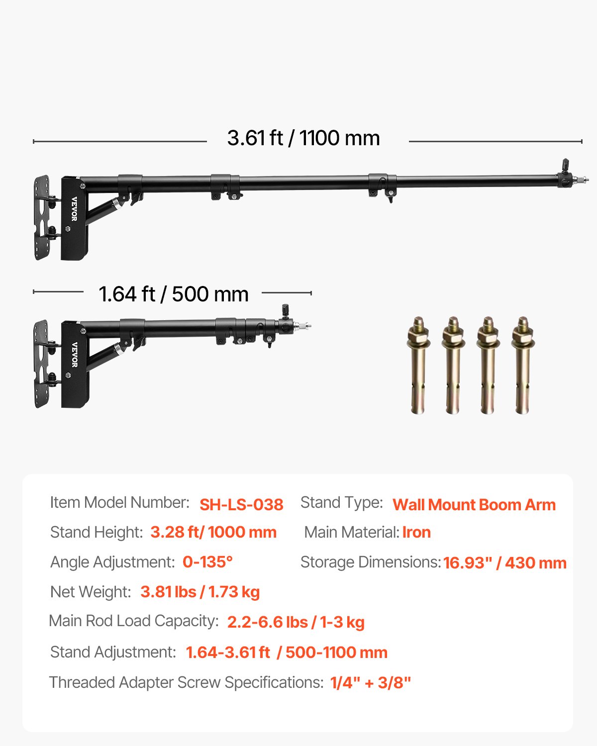 VEVOR Dreieck Auslegerarm Wandmontage, 50-110cm, Triangle Boom Arm, 180° drehbar, robuste Wandhalterung, Tirpod-Unterstützung, für Studio-Videolicht, Monolight, Fotografie, Softbox, Reflektor