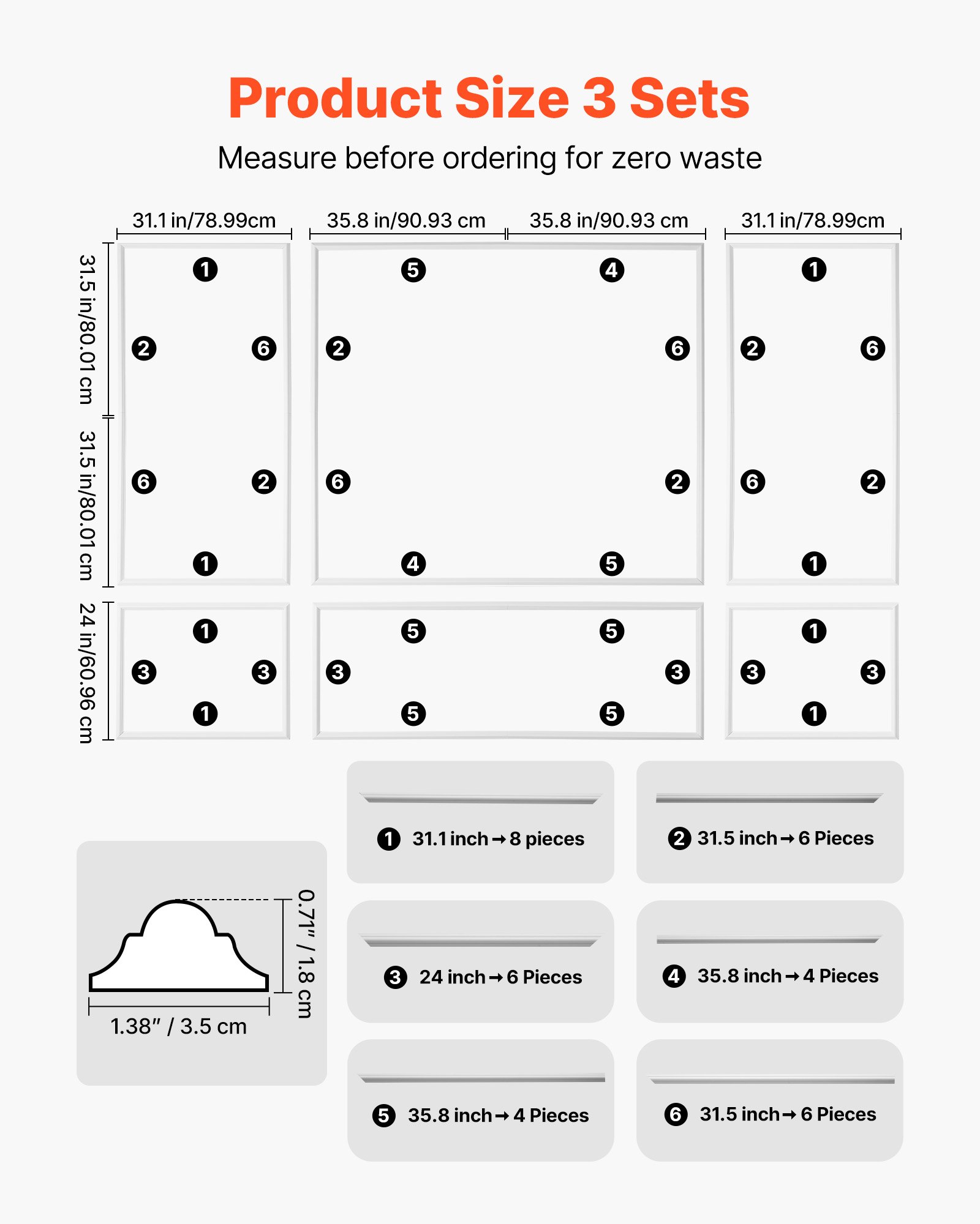 VEVOR Wall Molding 3 Pack, Wainscoting Panels Kit, Lightweight Paintable Polystyrene, Easy to Install Accent Wall Trim for Interior Décor Living Room, Bedroom, Home, White (79x160 + 79x61 cm)