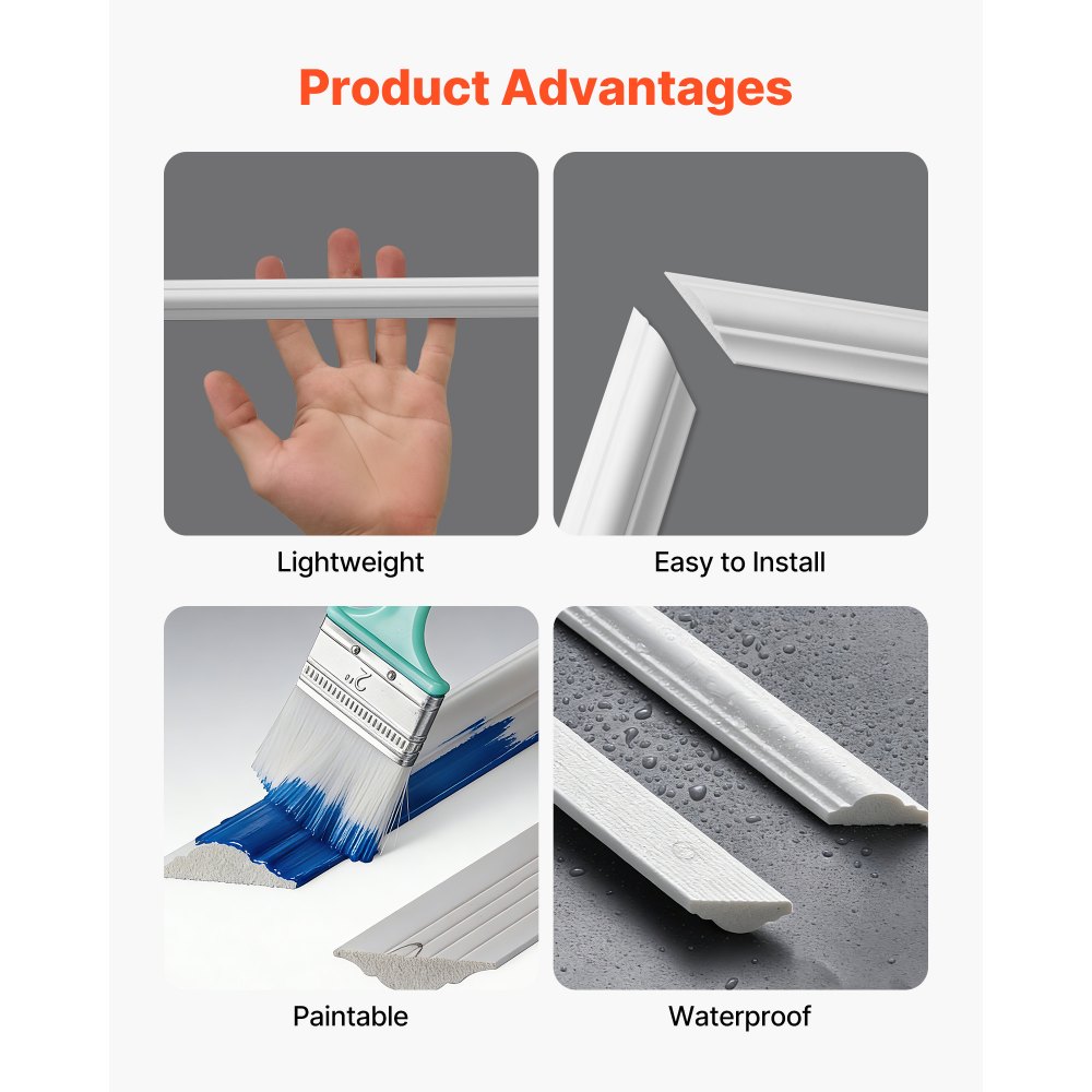 VEVOR Wandform-Set, 3er-Pack, 57,91/121,92/143 cm Stuckleisten aus Lackierbarem Polystyrol, Wasserfeste Wandleiste, Zierleiste für Wände, Friesleisten für Wohnzimmer, Schlafzimmer, Zuhause, Weiß