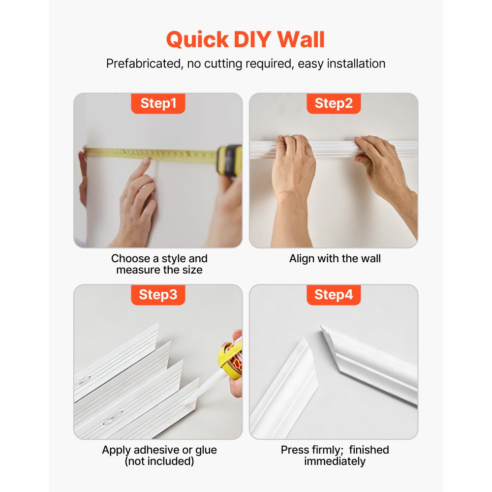 VEVOR Wandform-Set, 3er-Pack, 57,91/121,92/143 cm Stuckleisten aus Lackierbarem Polystyrol, Wasserfeste Wandleiste, Zierleiste für Wände, Friesleisten für Wohnzimmer, Schlafzimmer, Zuhause, Weiß