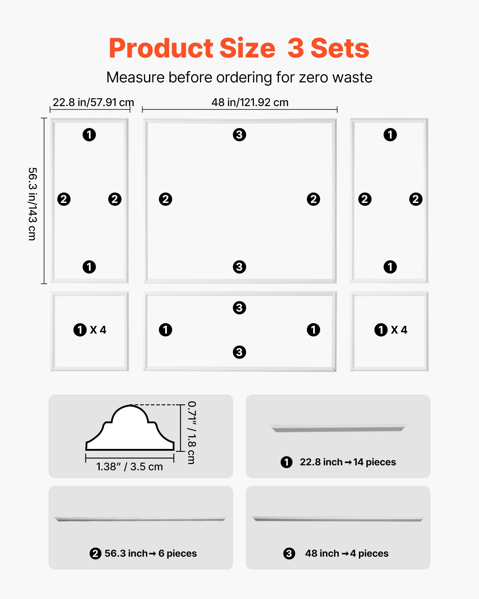 VEVOR Wandform-Set, 3er-Pack, 57,91/121,92/143 cm Stuckleisten aus Lackierbarem Polystyrol, Wasserfeste Wandleiste, Zierleiste für Wände, Friesleisten für Wohnzimmer, Schlafzimmer, Zuhause, Weiß