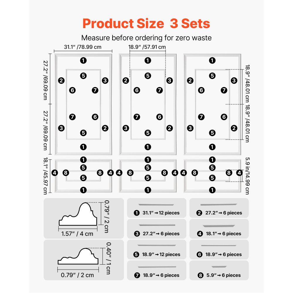 VEVOR Wandform-Set, 3er-Set, 45,97x78,99cm & 78,99x138,18cm Stuckleiste mit zweifach gerilltem, breitem & schmalem Profil, lackierbares Polystyrol, Zierleiste für Wohnzimmer & Schlafzimmer, Weiß