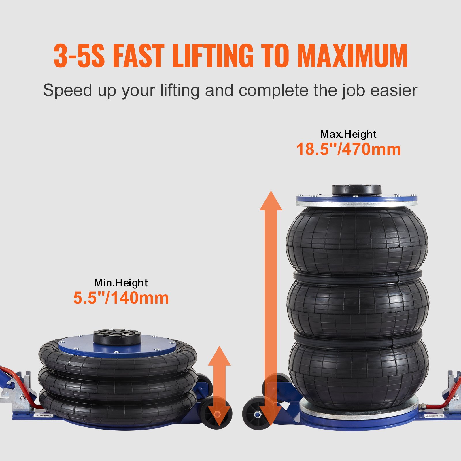 VEVOR Pneumatischer Wagenheber Triple Bag Air Jack 5 t, Dreifachbeutel Luftheber 140-470 mm Hubhöhe Sack Luftwagenheber, 5 Minuten Hub Luftheber Wagenheberheber Wagenheber Einstellbar Rot
