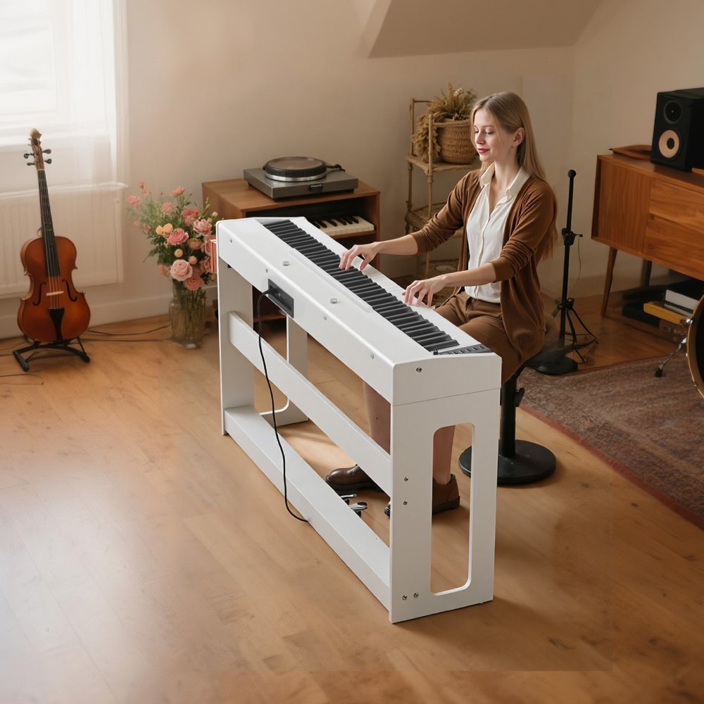 VEVOR Gewichtetes Digitalpiano, 88 Tasten vollgewichtet, E-Piano-Tastatur mit Möbelständer, Netzadapter, Dreifachpedal, Aufnahmefunktion, 280 Töne, Kabellose Verbindung, für Anfänger, Weiß