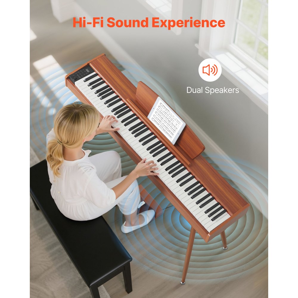 VEVOR Digitalpiano, 88 Tasten vollgewichtet anschlagdynamisch, E-Piano-Tastatur mit Notenständer, Dreifachpedal, Netzteil, 280 Töne, unterstützt kabellose Verbindung, für Anfänger, Holzfarbe