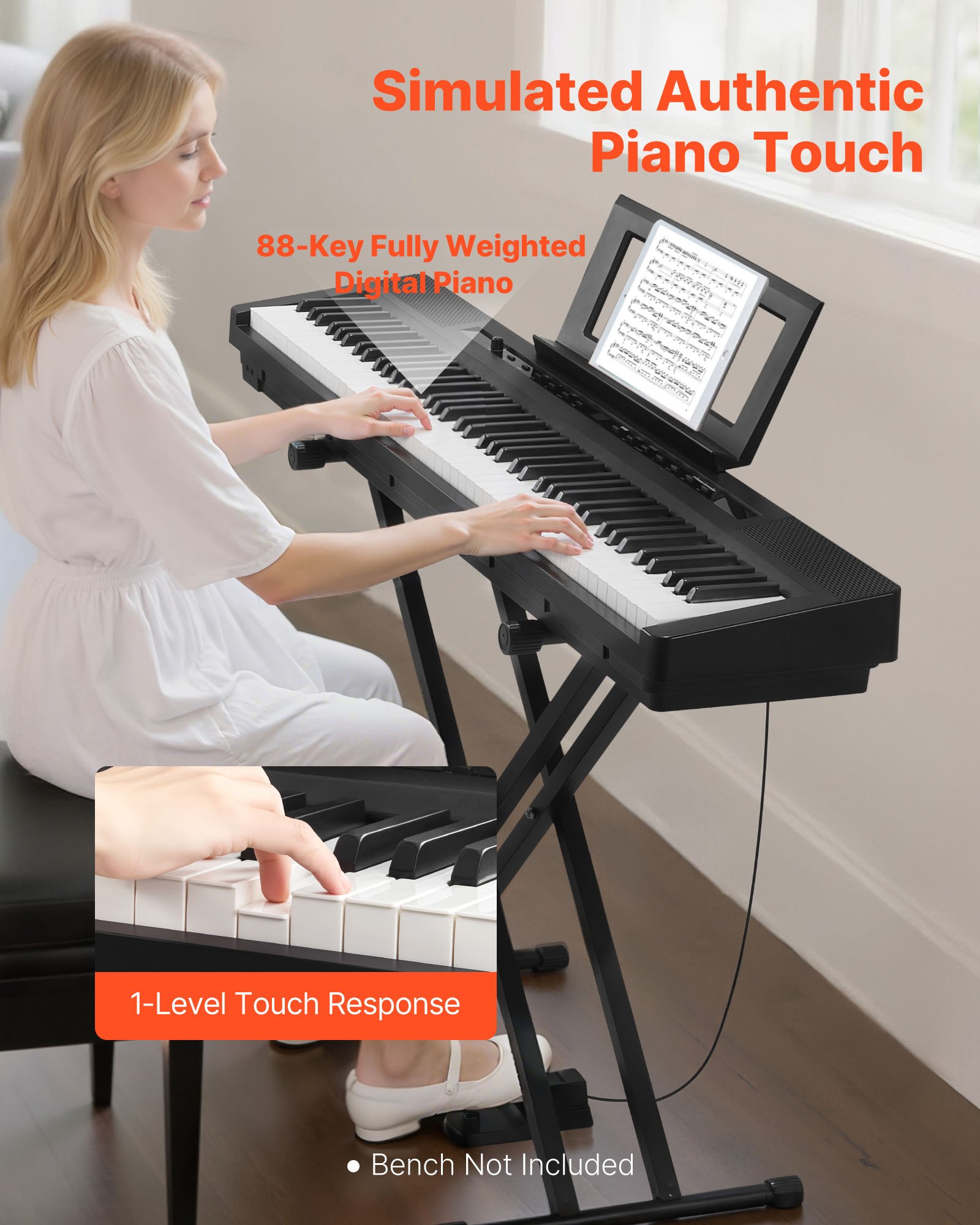 VEVOR Digitalpiano, 88 Tasten vollgewichtet, E-Piano Doppeltastatur & Lautsprecher mit X-Ständer, Sustain-Pedal, Aufnahmefunktion, 280 Töne, Kabellose Verbindung, für Anfänger, Schwarz