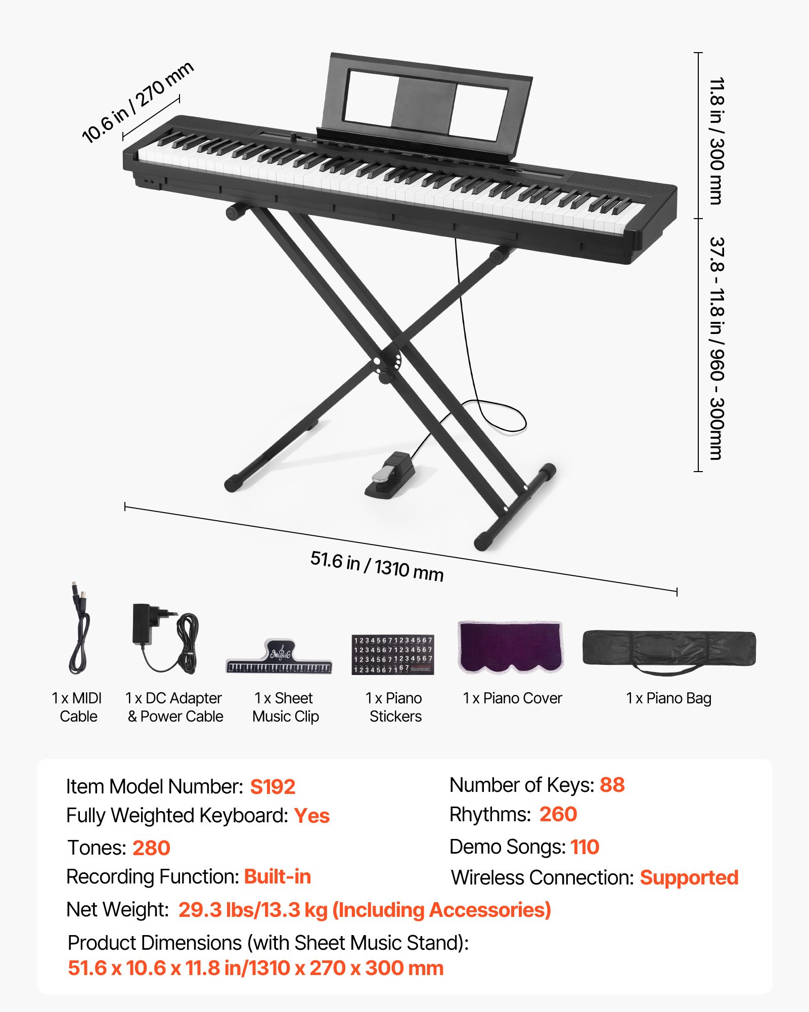 VEVOR Digitalpiano, 88 Tasten vollgewichtet, E-Piano Doppeltastatur & Lautsprecher mit X-Ständer, Sustain-Pedal, Aufnahmefunktion, 280 Töne, Kabellose Verbindung, für Anfänger, Schwarz