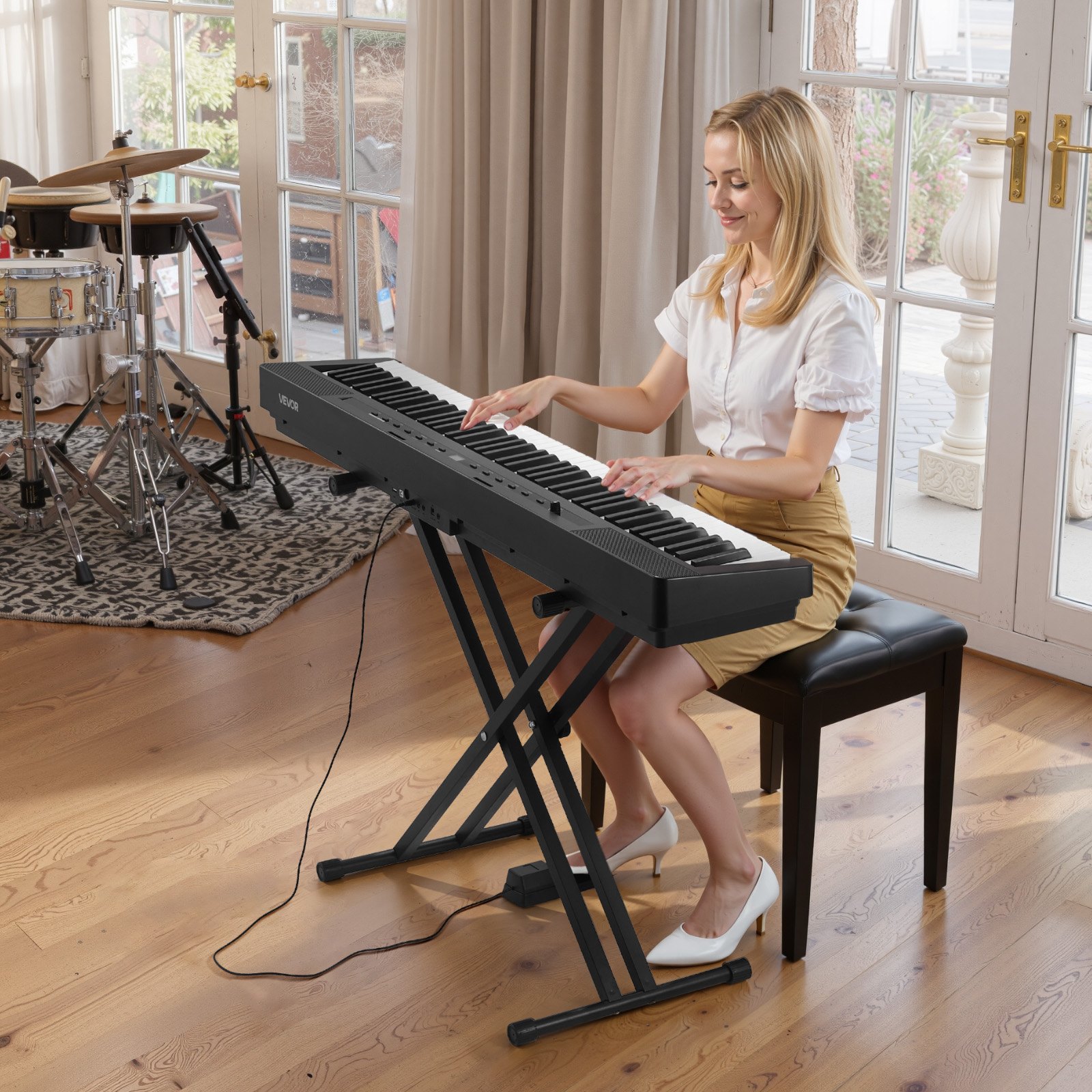 VEVOR Digitalpiano, 88 Tasten vollgewichtet, E-Piano Doppeltastatur & Lautsprecher mit X-Ständer, Sustain-Pedal, Aufnahmefunktion, 280 Töne, Kabellose Verbindung, für Anfänger, Schwarz