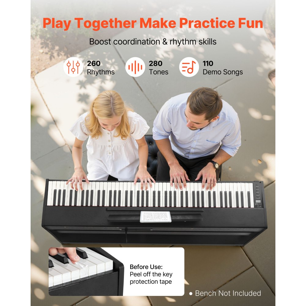 VEVOR Digitalpiano, 88 Tasten vollgewichtet anschlagdynamisch, E-Piano mit Möbelständer, Netzadapter, Dreifachpedal, Aufnahmefunktion, 280 Töne, Kabellose Verbindung, für Anfänger, Schwarz