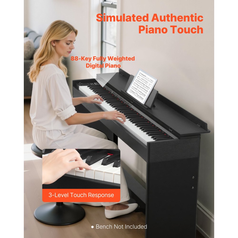 VEVOR Digitalpiano, 88 Tasten vollgewichtet anschlagdynamisch, E-Piano mit Möbelständer, Netzteil, Dreifachpedal, 680 Töne, unterstützt kabellose Verbindung, mit Kopfhörern, für Anfänger
