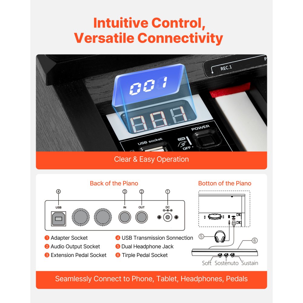 VEVOR Digitalpiano, 88 Tasten vollgewichtet anschlagdynamisch, E-Piano mit Möbelständer, Netzteil, Dreifachpedal, 680 Töne, unterstützt kabellose Verbindung, mit Kopfhörern, für Anfänger