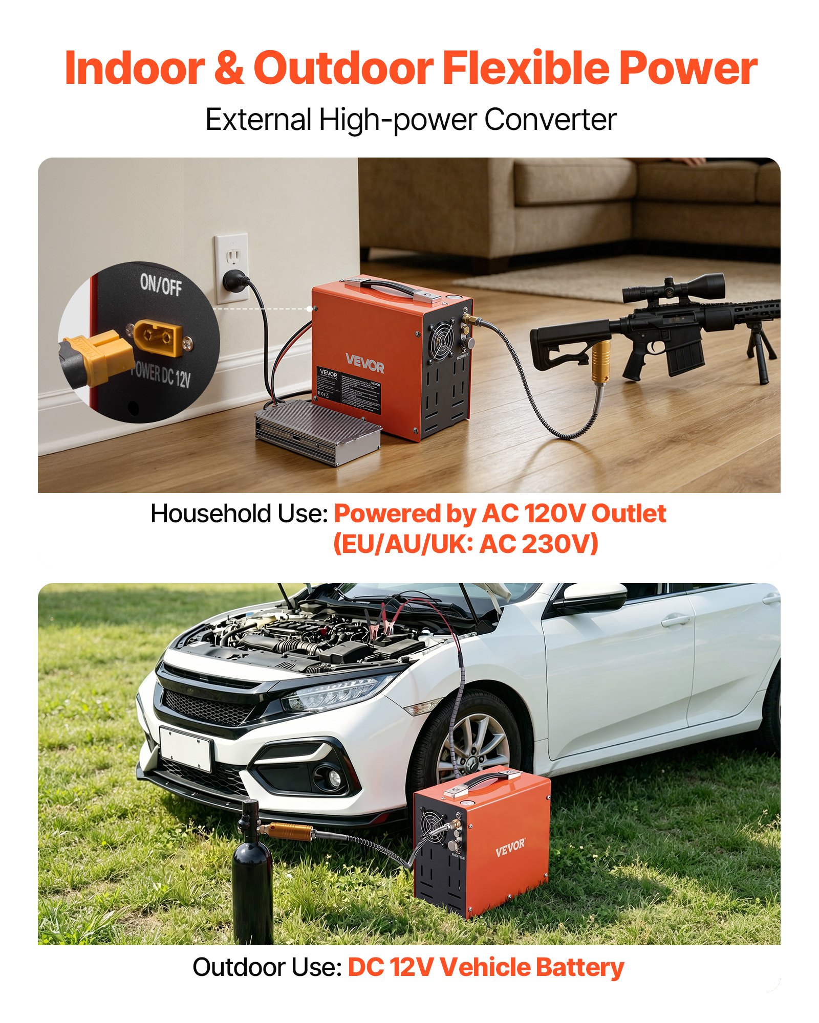 VEVOR PCP Luftkompressor 350W Luftgewehrkompressor 30MPa DC 12V AC 230V, 4500PSI 300bar, Lüfterkühlung, Manueller Stopp, Konverter für Heim & KFZ, Hochdruckkompressor für Luftpistole Tauchflaschen