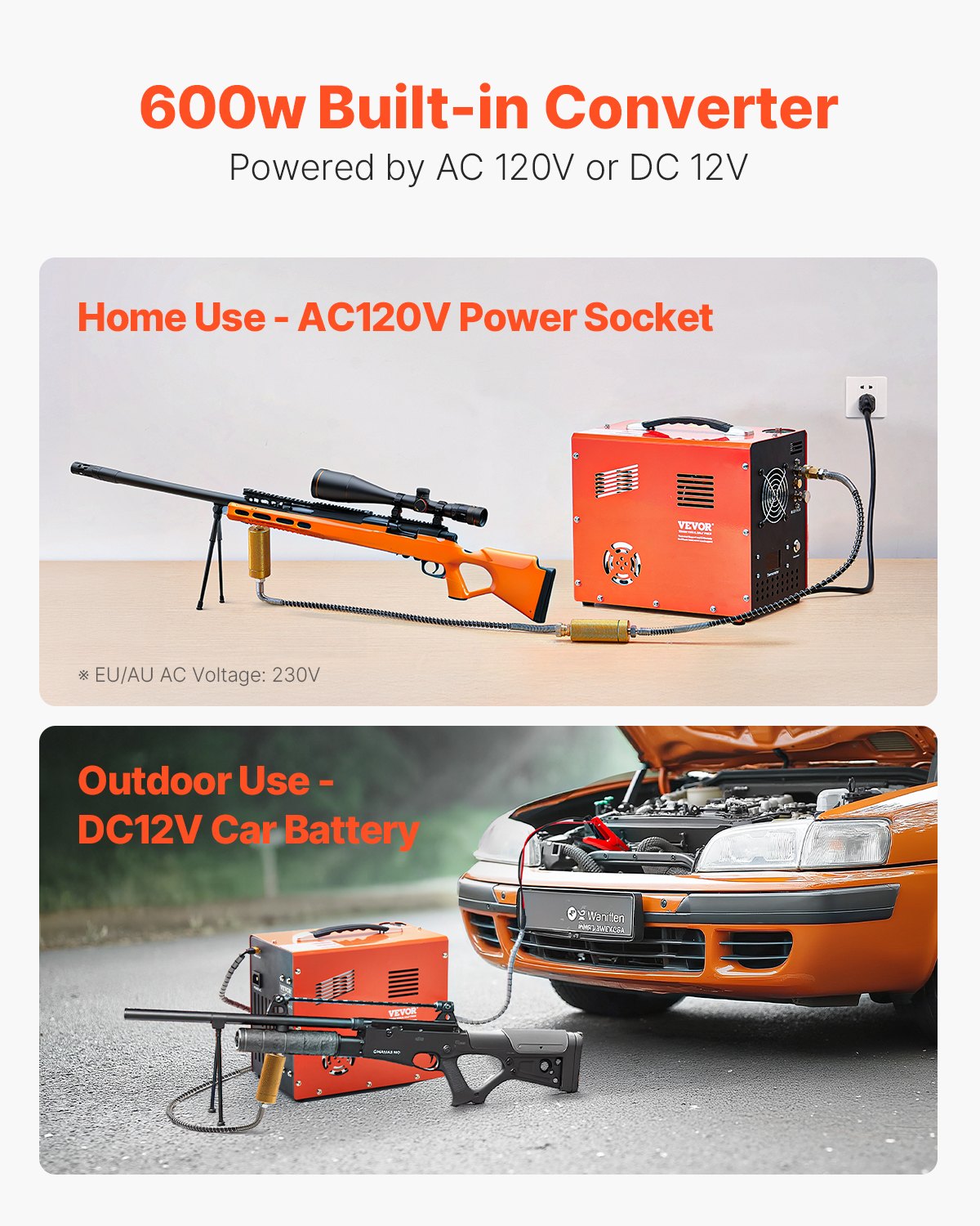 VEVOR PCP-Luftkompressor, 4500 PSI PCP-Luftgewehrkompressor mit eingebautem Konverter & Lüfterkühlsystem, DC12 V/AC230 V Kompressorpumpe mit manuellem Stopp für Luftgewehr, Paintball & Tauchflaschen