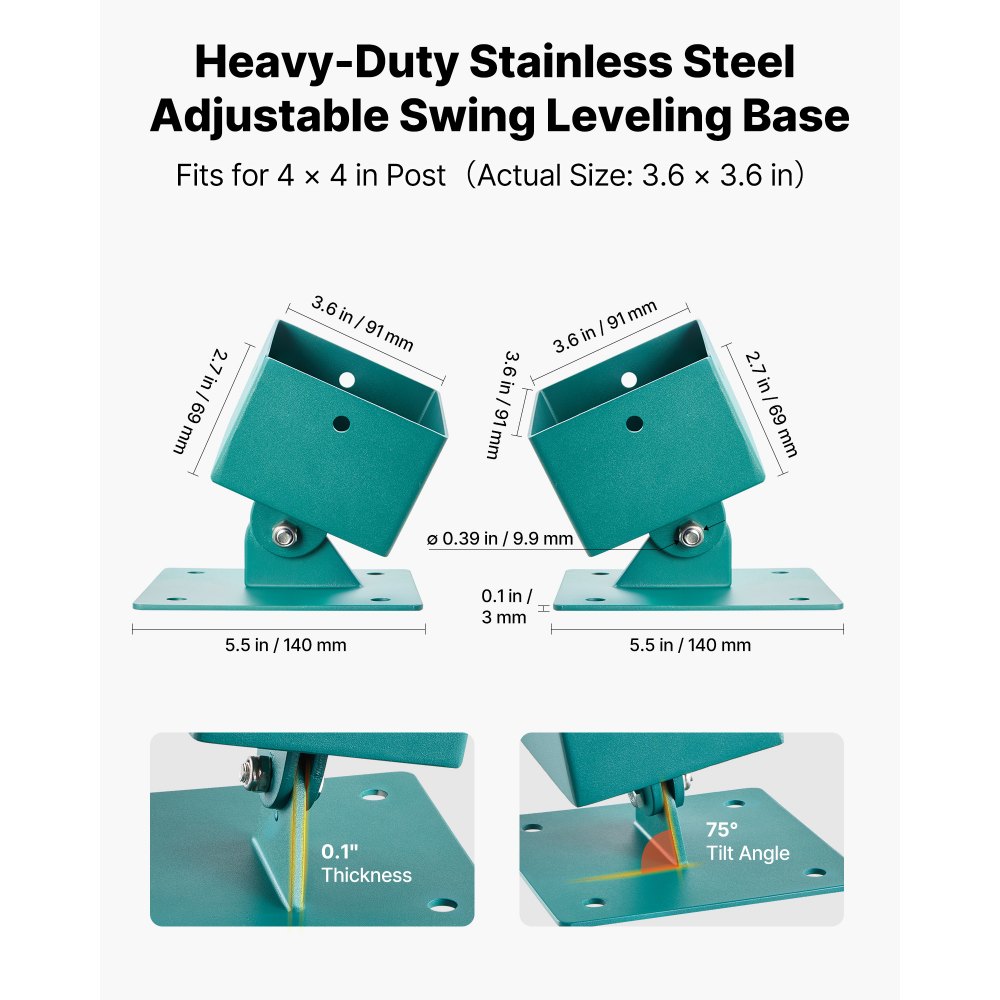 VEVOR 4 Stk. Verstellbare Schaukelhalterung, Grundhalterung aus Edelstahl für Schaukelgestell, 567kg Belastbare Schaukelbefestigung für 91x91mm Montagestärke, 45-60° Schaukelanker für Balance & Schutz