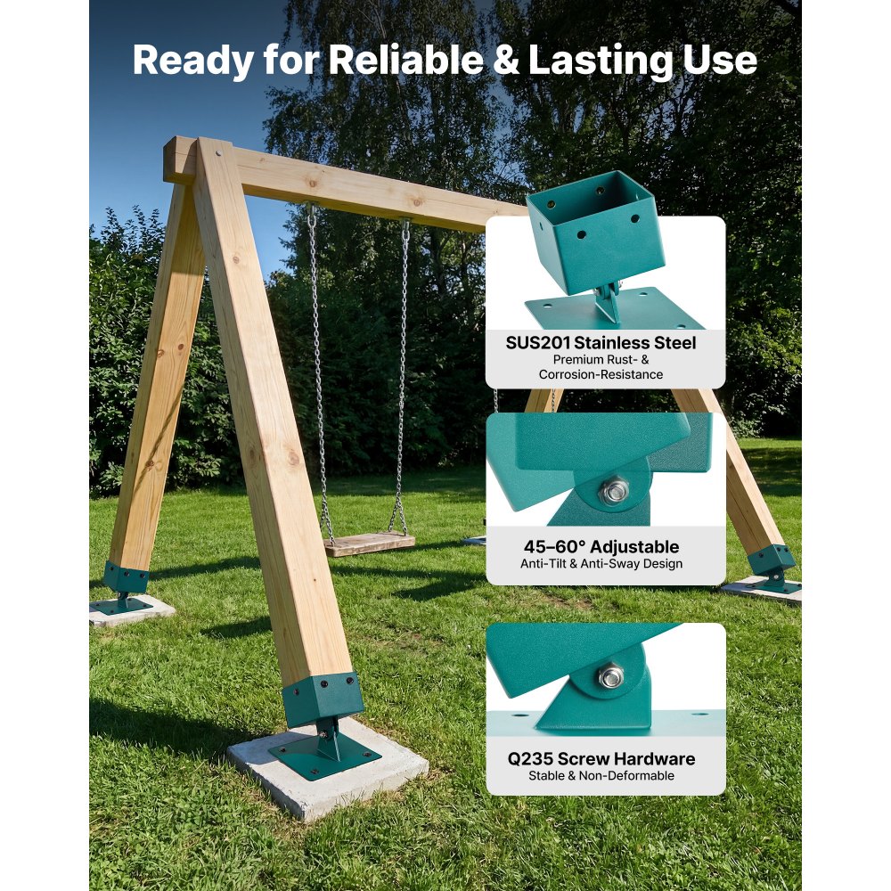 VEVOR 4 Stk. Verstellbare Schaukelhalterung, Grundhalterung aus Edelstahl für Schaukelgestell, 567kg Belastbare Schaukelbefestigung für 91x91mm Montagestärke, 45-60° Schaukelanker für Balance & Schutz