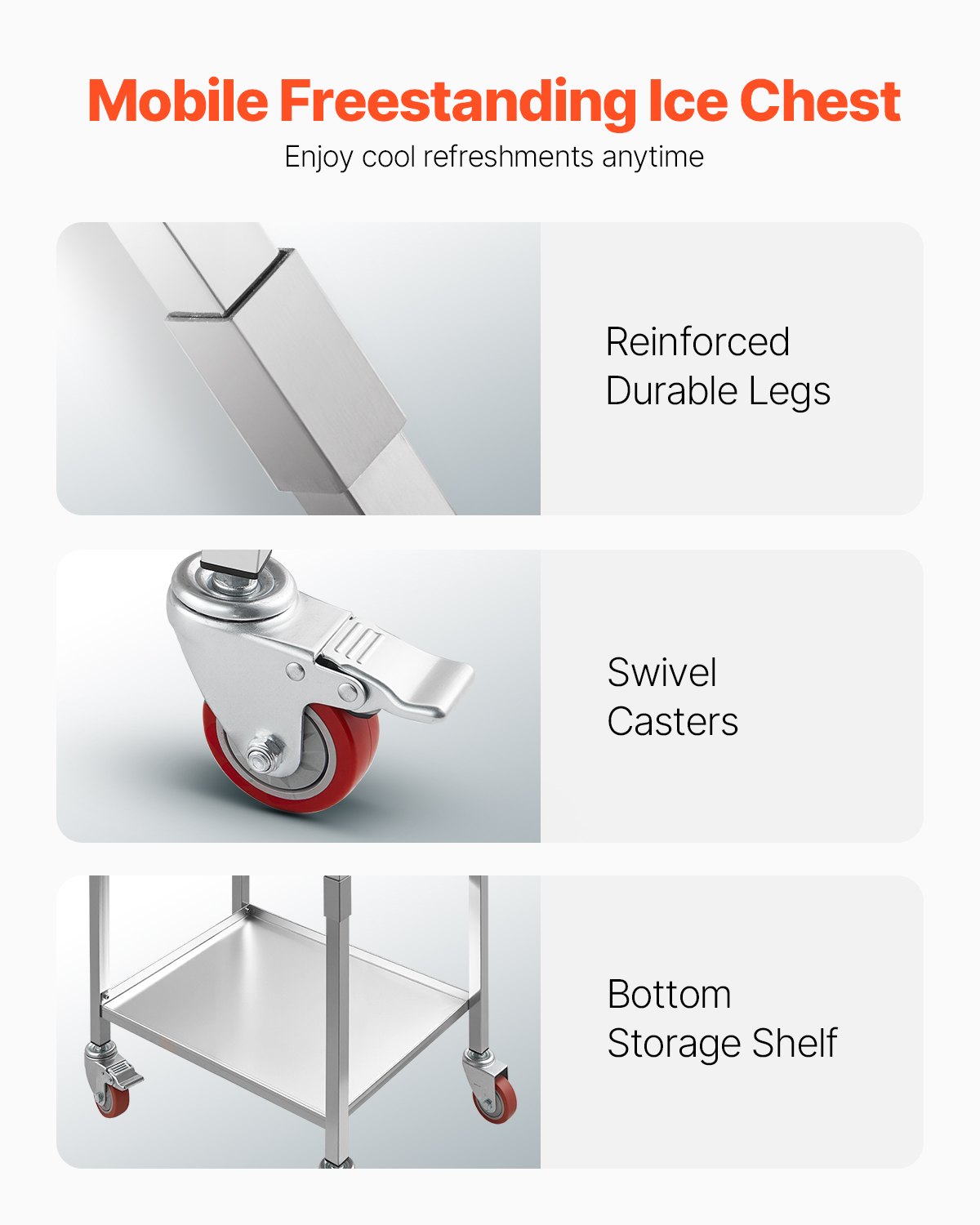 VEVOR rollbare Eisbox (553 x 405 x 970 mm) Edelstahl-Kühler, 31 L gewerblicher Ice Chest auf Rädern für den Außenbereich mit Ablage, für Partybar im Garten oder auf der Terrasse